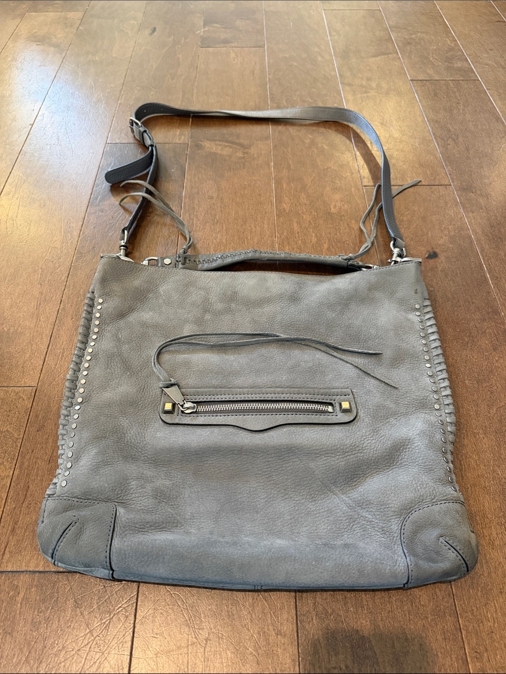 Rebecca Minkoff Grey Leather Shoulder Regan Hobo Hand Bag Purse Stuffed Detail